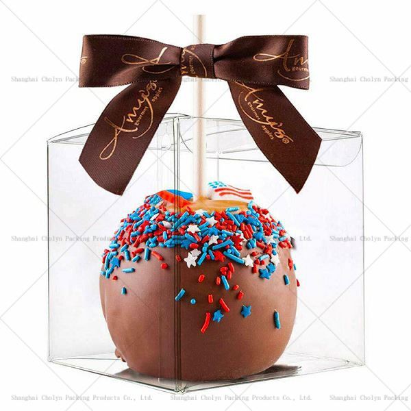 4x4x4 CLEAR CARAMEL CANDY APPLE GIFT BOXES WITH HOLE